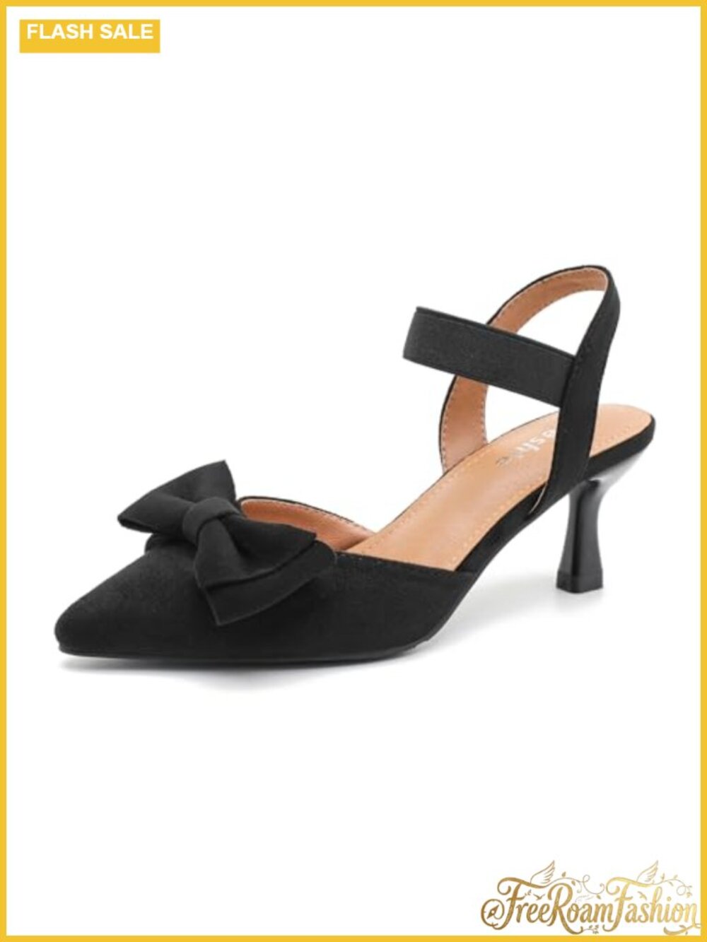 Bow Pointed Toe Slingback Kitten Heels Elastic Strap Slip On Pumps